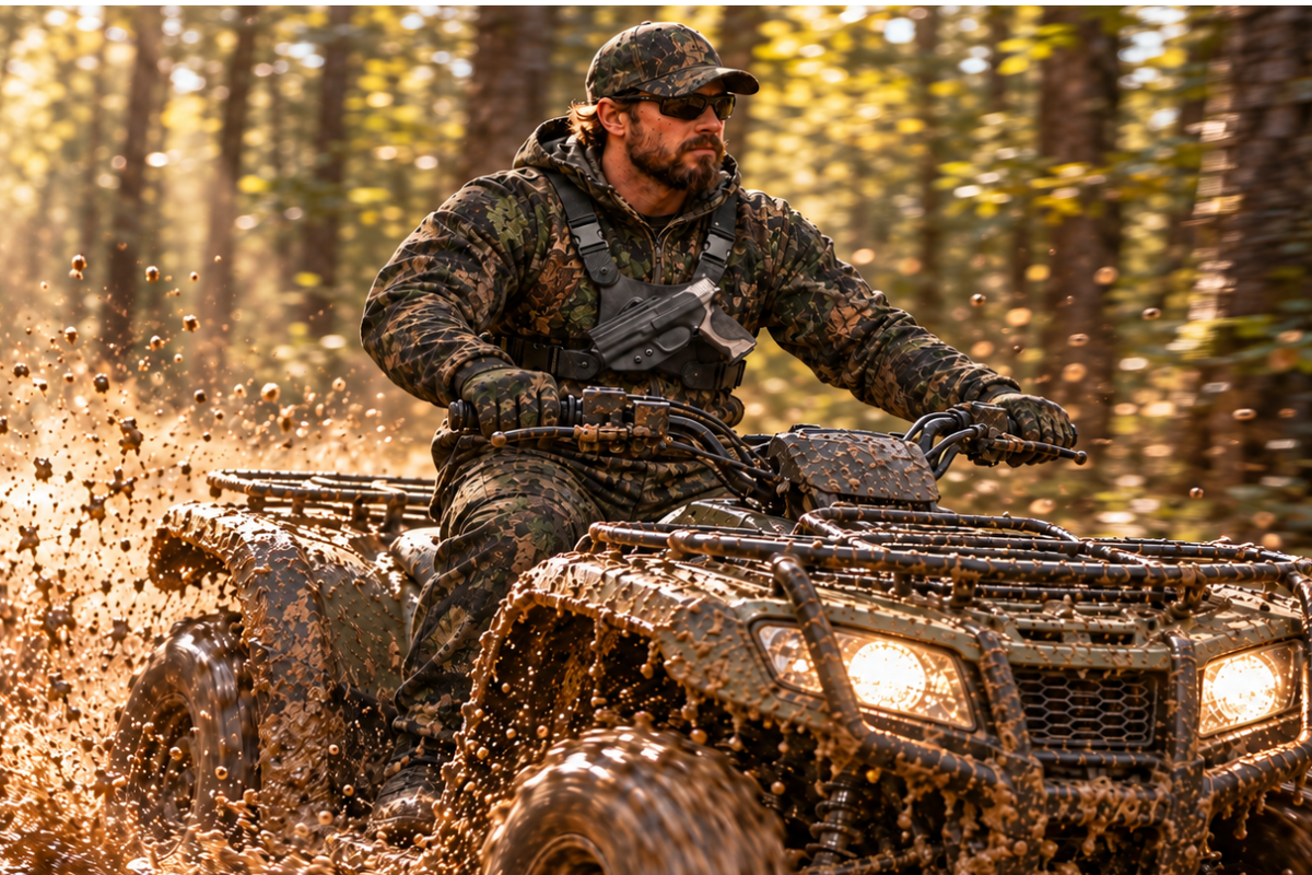 A man wearing a camouflage hunting jacket, pants, and cap rides a muddy all-terrain vehicle (ATV) through a forest during autumn, with splashing leaves and mud flying in the air. BULLY HOLSTERS